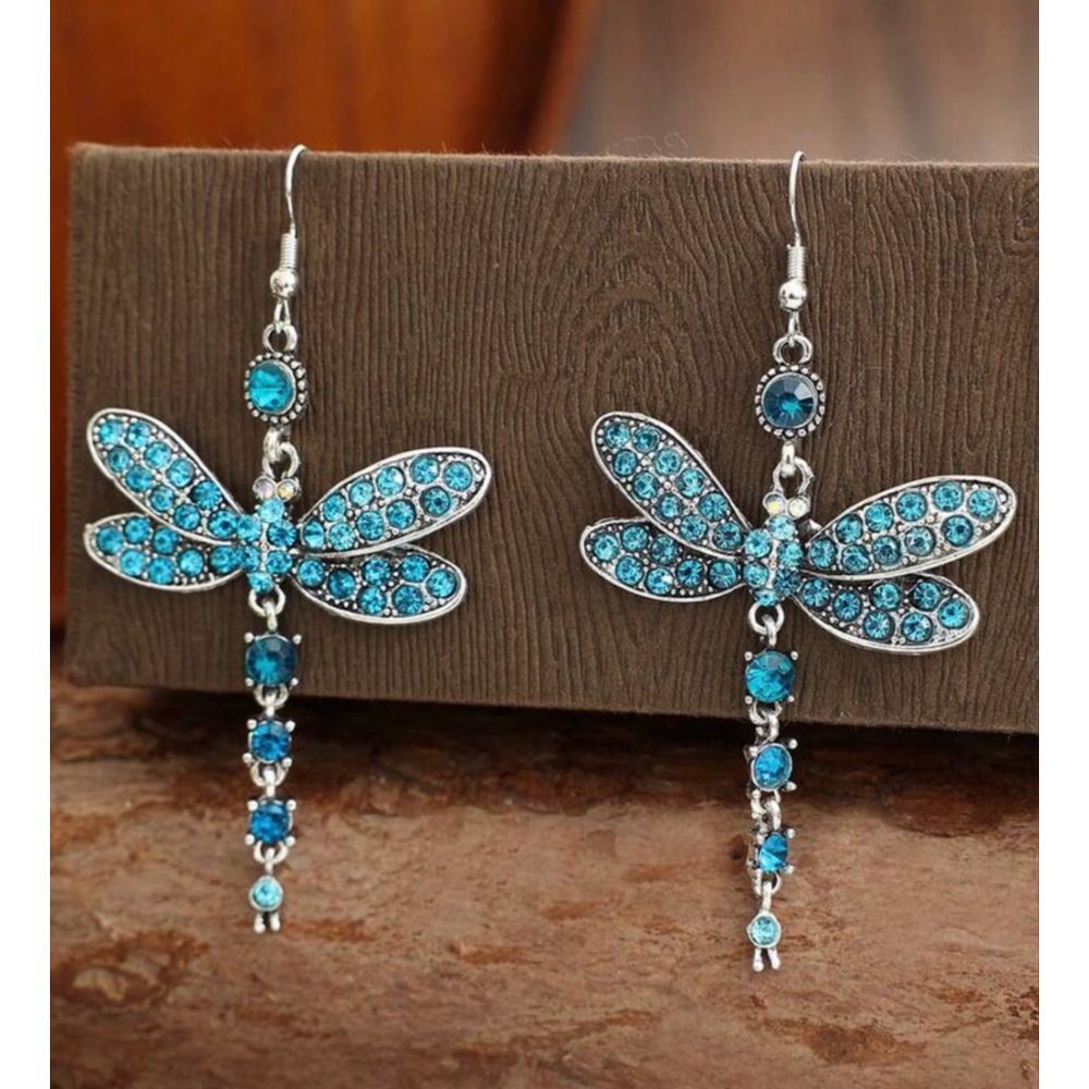 Vintage Blue Crystal Dragonfly Dangle Drop Earrings Silver Metal Hook - Picture 3 of 3